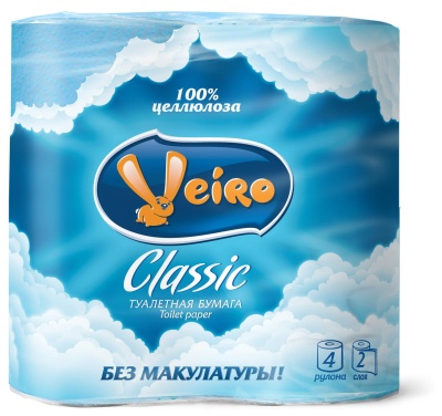 Туалетная бумага рулон бытовая Linia Veiro Классик/Комфорт, 2-сл, 4 шт./уп.
